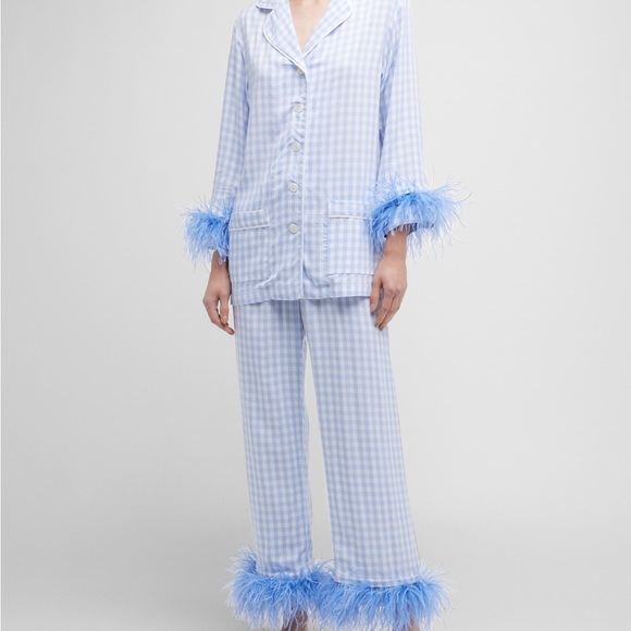SLEEPER Party Gingham-Print Feather-Trim Pajama Set
